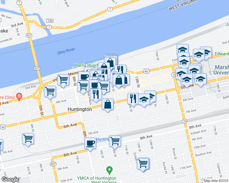 map of restaurants, bars, coffee shops, grocery stores, and more near 414 11th Street in Huntington