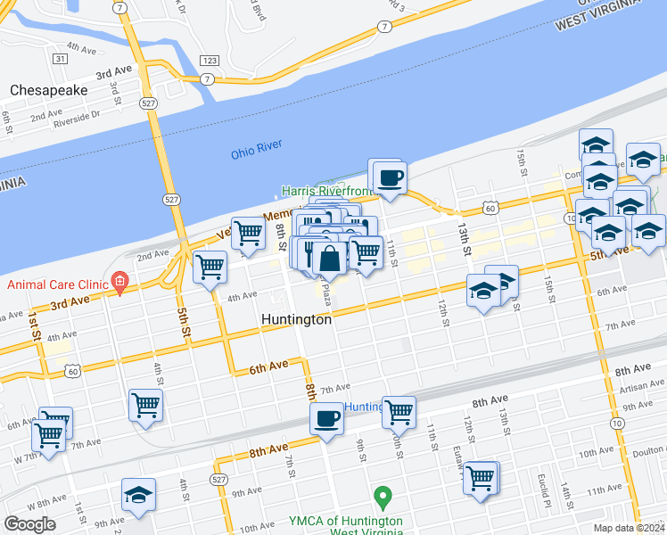 map of restaurants, bars, coffee shops, grocery stores, and more near 930 4th Avenue in Huntington