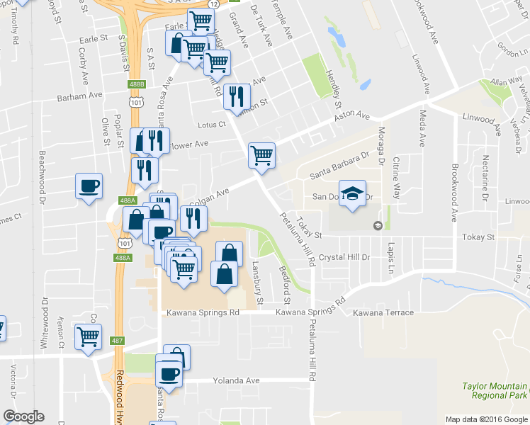 map of restaurants, bars, coffee shops, grocery stores, and more near 1777 Petaluma Hill Road in Santa Rosa