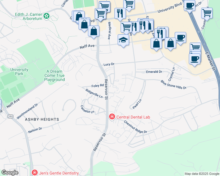 map of restaurants, bars, coffee shops, grocery stores, and more near 2312 Purple and Gold Way in Harrisonburg