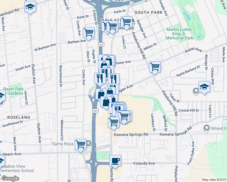 map of restaurants, bars, coffee shops, grocery stores, and more near 101 Colgan Avenue in Santa Rosa