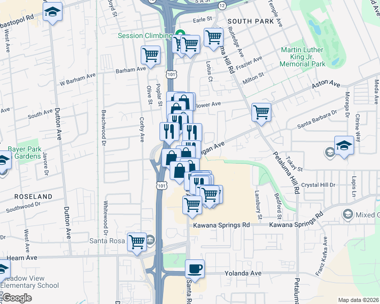 map of restaurants, bars, coffee shops, grocery stores, and more near 1711 Santa Rosa Avenue in Santa Rosa