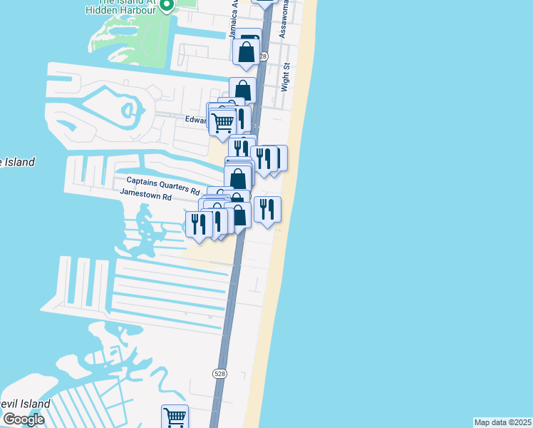 map of restaurants, bars, coffee shops, grocery stores, and more near 11602 Coastal Highway in Ocean City