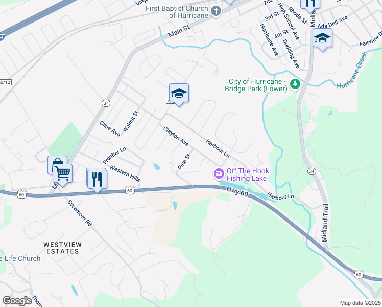 map of restaurants, bars, coffee shops, grocery stores, and more near 116 Pine Street in Hurricane