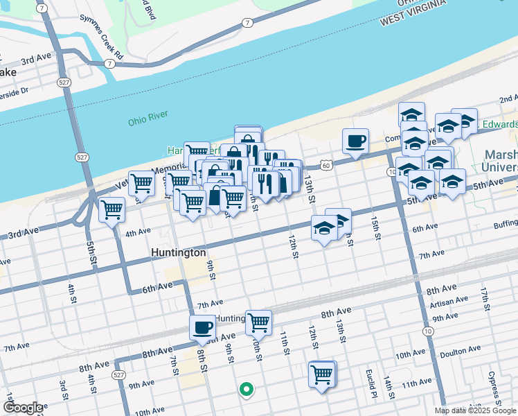 map of restaurants, bars, coffee shops, grocery stores, and more near 414 11th Street in Huntington