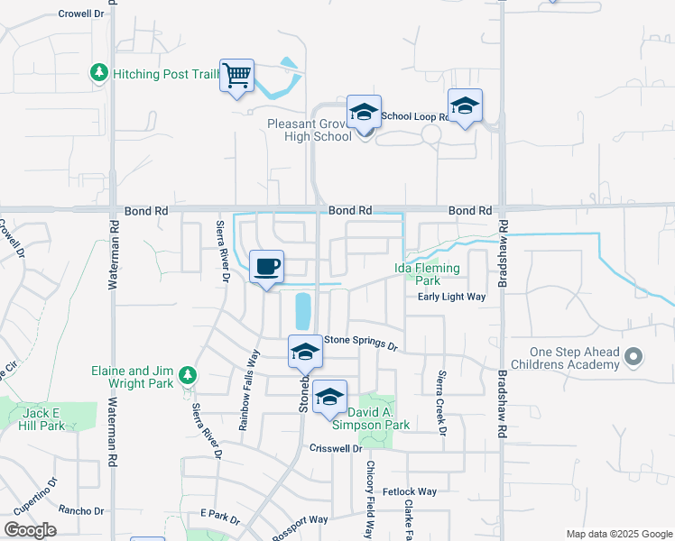 map of restaurants, bars, coffee shops, grocery stores, and more near 9255 Crystal Falls Way in Elk Grove