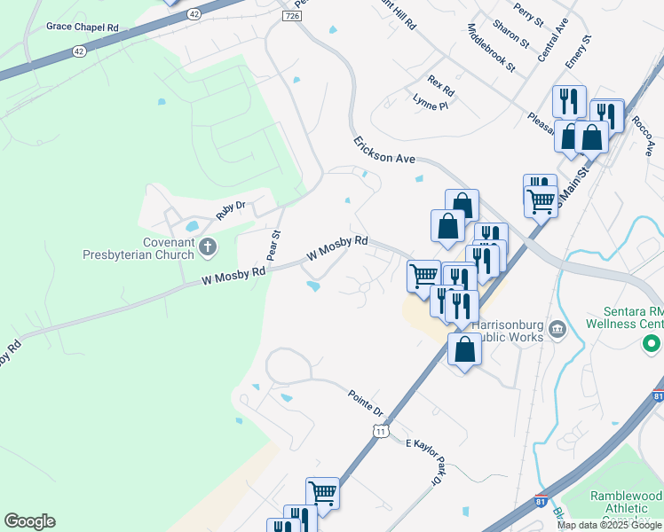 map of restaurants, bars, coffee shops, grocery stores, and more near Millwood Loop in Harrisonburg