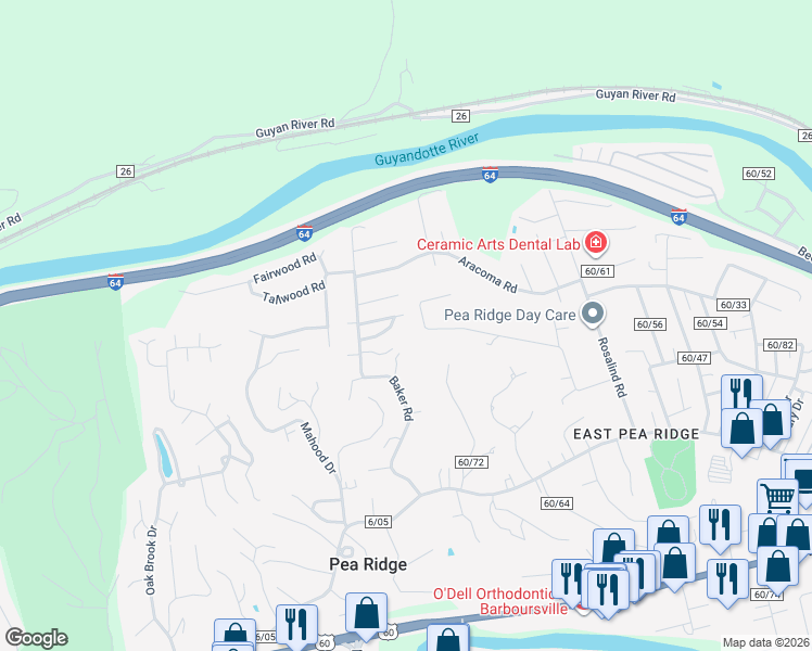 map of restaurants, bars, coffee shops, grocery stores, and more near 6055 Pineview Drive in Huntington