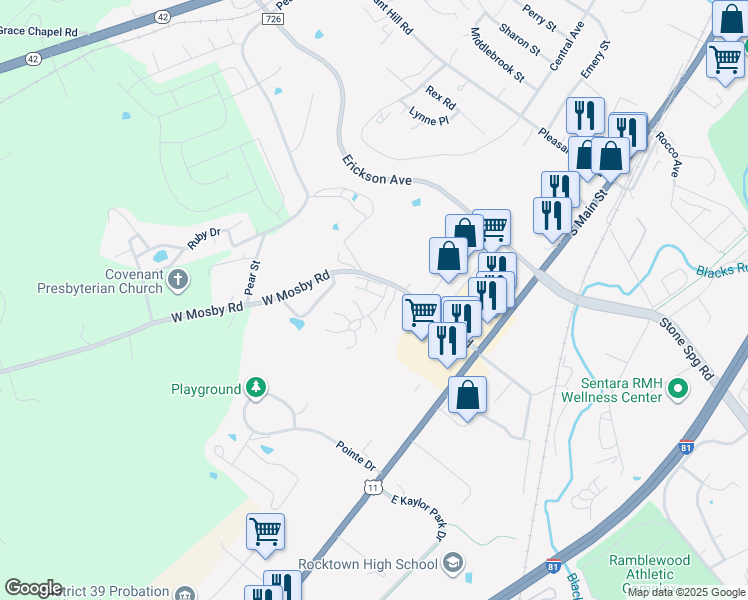 map of restaurants, bars, coffee shops, grocery stores, and more near 121 West Mosby Road in Harrisonburg