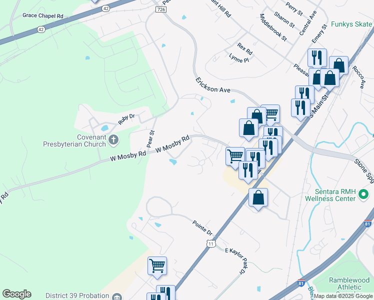 map of restaurants, bars, coffee shops, grocery stores, and more near 211 West Mosby Road in Harrisonburg