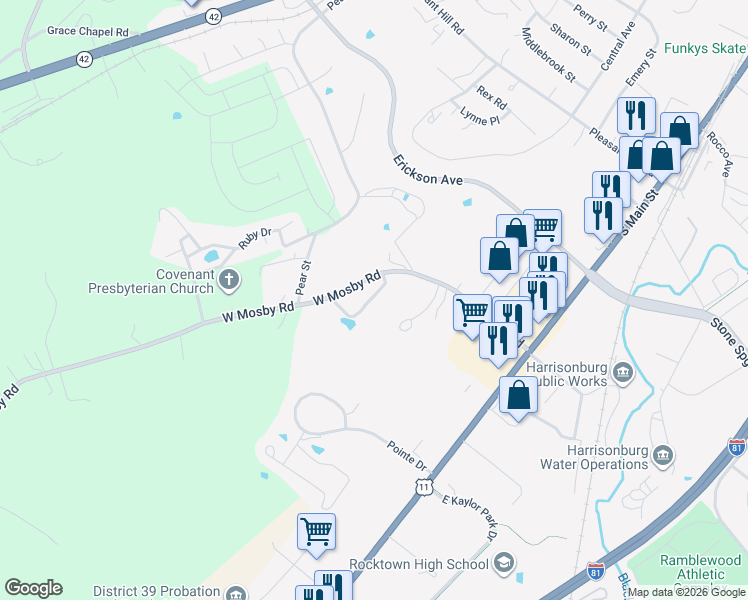 map of restaurants, bars, coffee shops, grocery stores, and more near 211 West Mosby Road in Harrisonburg