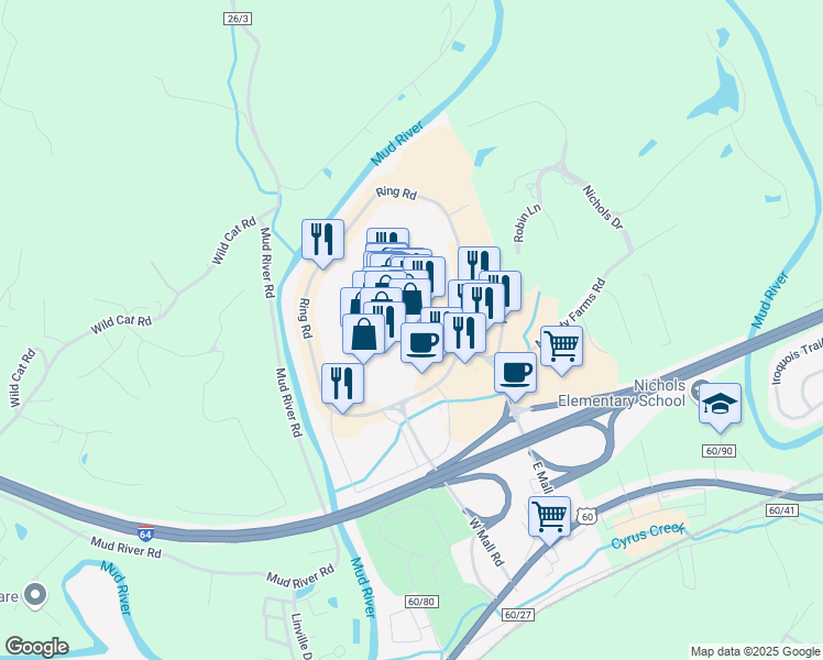 map of restaurants, bars, coffee shops, grocery stores, and more near 300 Mall Road in Barboursville