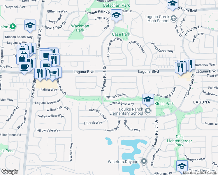 map of restaurants, bars, coffee shops, grocery stores, and more near 6328 Laguna Villa Way in Elk Grove