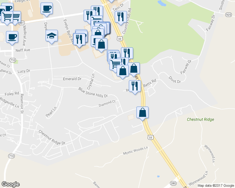 map of restaurants, bars, coffee shops, grocery stores, and more near 91 Blue Stone Hills Drive in Harrisonburg