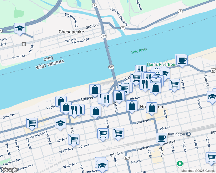 map of restaurants, bars, coffee shops, grocery stores, and more near 419 2nd Avenue in Huntington