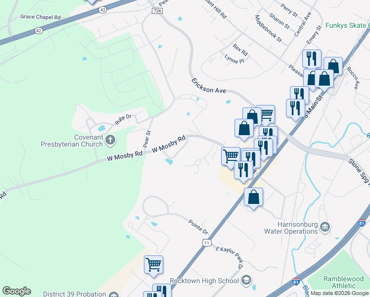 map of restaurants, bars, coffee shops, grocery stores, and more near 211 West Mosby Road in Harrisonburg