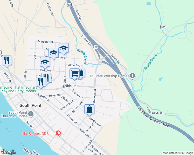 map of restaurants, bars, coffee shops, grocery stores, and more near 508 Solida Road in South Point