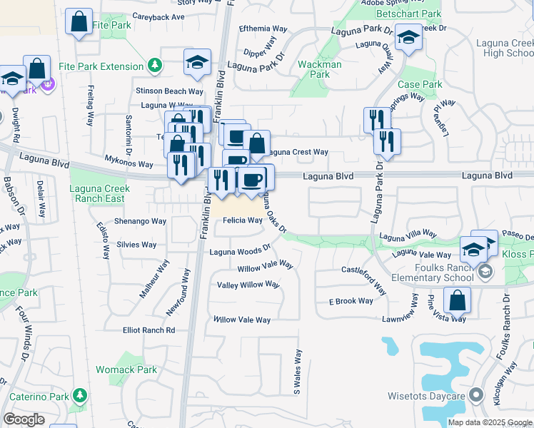 map of restaurants, bars, coffee shops, grocery stores, and more near 5122 Felicia Way in Elk Grove