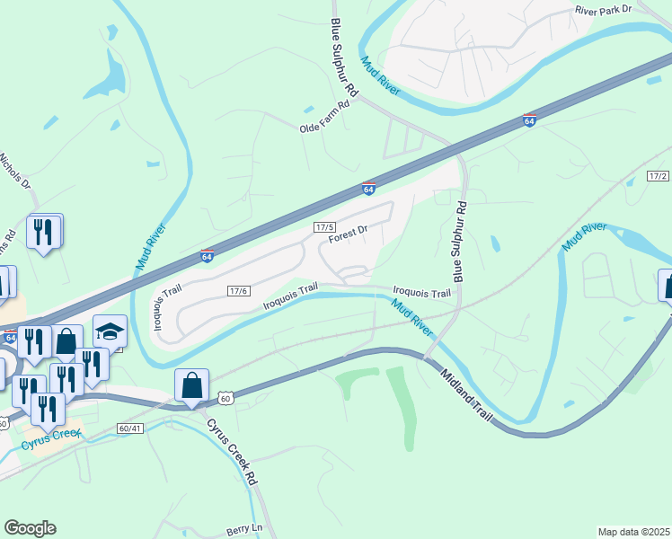 map of restaurants, bars, coffee shops, grocery stores, and more near 3691 Martin Drive in Ona