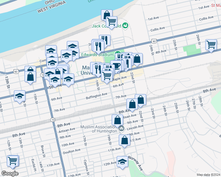 map of restaurants, bars, coffee shops, grocery stores, and more near 615 20th Street in Huntington