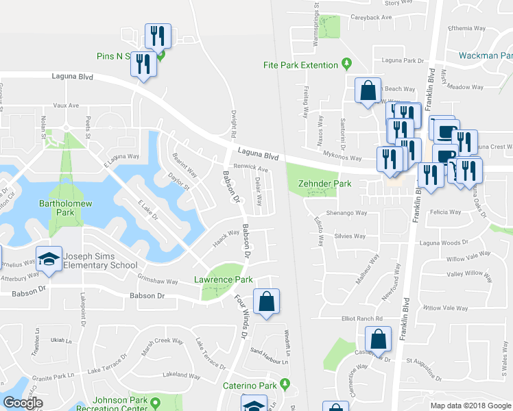 map of restaurants, bars, coffee shops, grocery stores, and more near 9250 Delair Way in Elk Grove