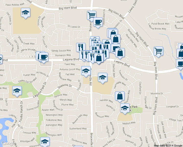 map of restaurants, bars, coffee shops, grocery stores, and more near 9241 Bruceville Road in Elk Grove