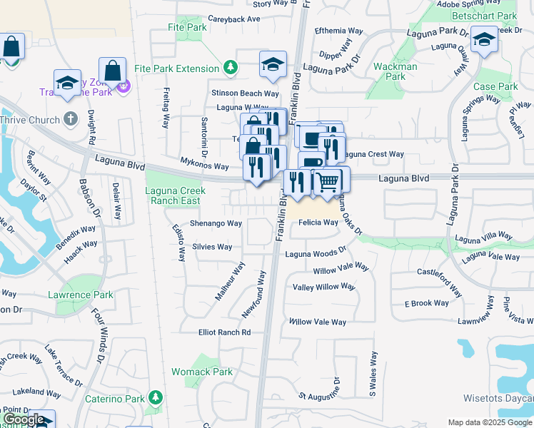 map of restaurants, bars, coffee shops, grocery stores, and more near 9446 Laguna Pointe Way in Elk Grove