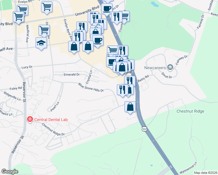 map of restaurants, bars, coffee shops, grocery stores, and more near 103 Blue Stone Hills Drive in Harrisonburg