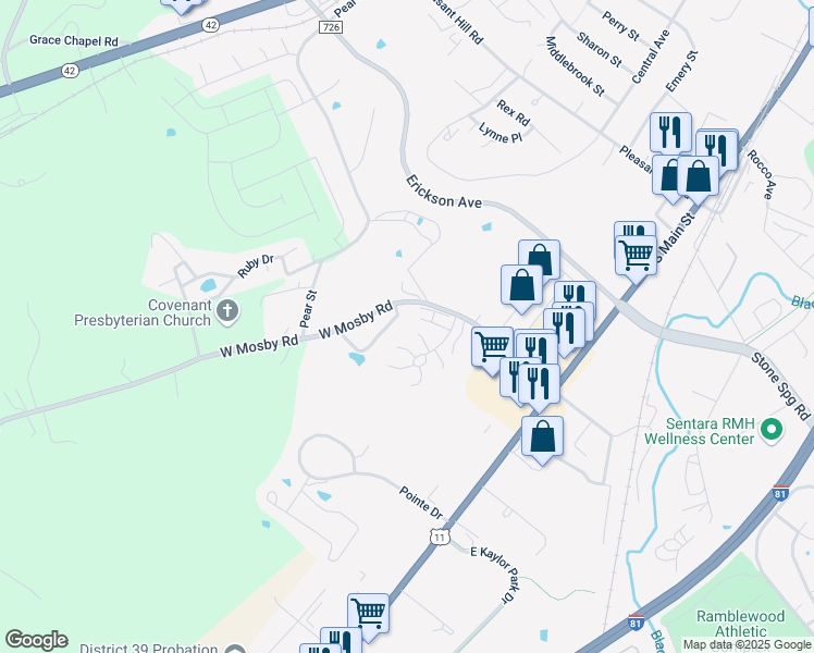 map of restaurants, bars, coffee shops, grocery stores, and more near 2519 Mosby Court in Harrisonburg