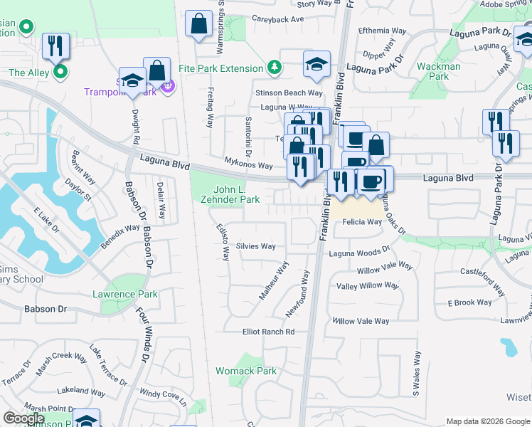 map of restaurants, bars, coffee shops, grocery stores, and more near 4508 Shenango Way in Elk Grove