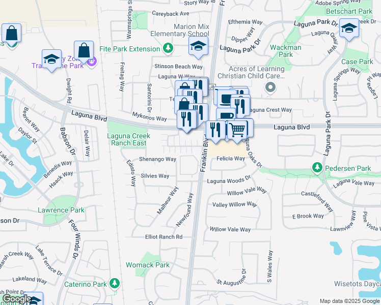 map of restaurants, bars, coffee shops, grocery stores, and more near 9442 Laguna Pointe Way in Elk Grove