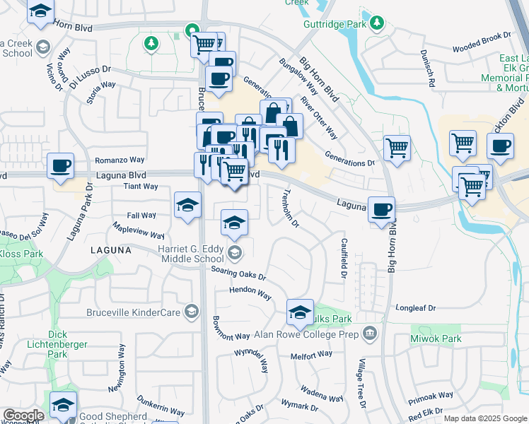 map of restaurants, bars, coffee shops, grocery stores, and more near 9277 Starfish Way in Elk Grove