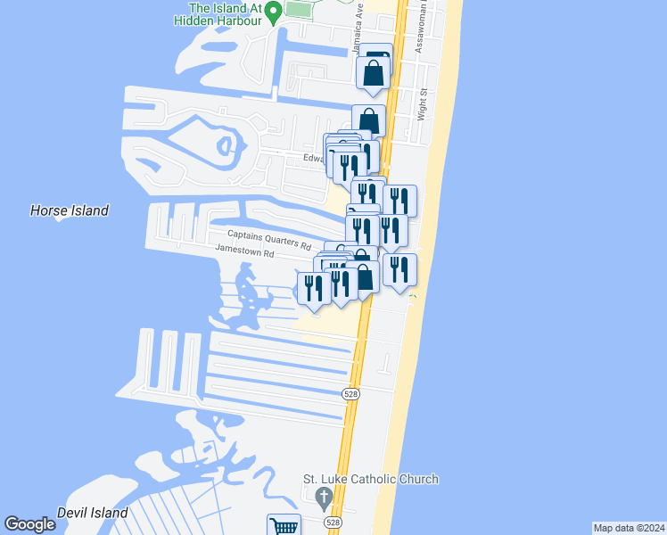 map of restaurants, bars, coffee shops, grocery stores, and more near 11427 Coastal Highway in Ocean City