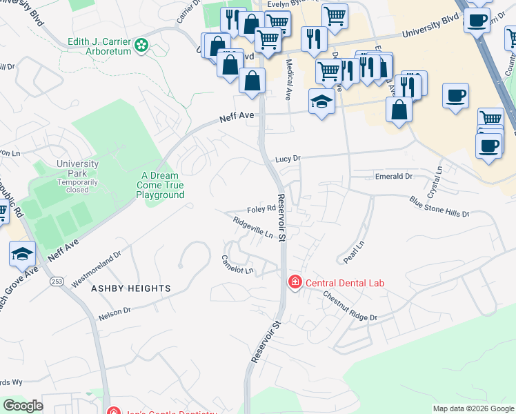 map of restaurants, bars, coffee shops, grocery stores, and more near 721 Ridgeville Lane in Harrisonburg