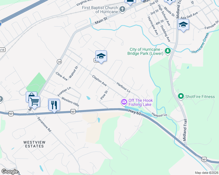 map of restaurants, bars, coffee shops, grocery stores, and more near 537-543 Clayton Avenue in Hurricane