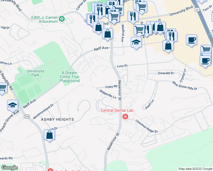 map of restaurants, bars, coffee shops, grocery stores, and more near 735 Foley Road in Harrisonburg