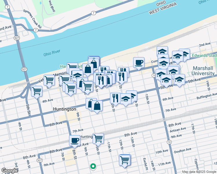 map of restaurants, bars, coffee shops, grocery stores, and more near 4th Ave & 12th St in Huntington