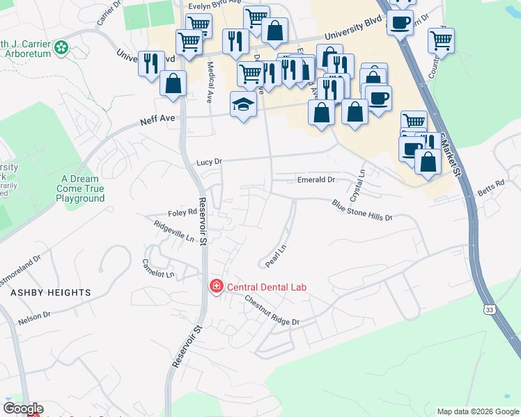 map of restaurants, bars, coffee shops, grocery stores, and more near 2223 Deyerle Avenue in Harrisonburg
