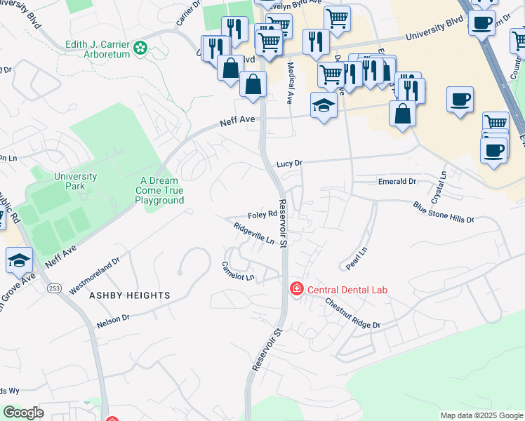 map of restaurants, bars, coffee shops, grocery stores, and more near 723 Foley Road in Harrisonburg