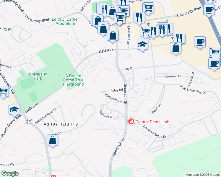 map of restaurants, bars, coffee shops, grocery stores, and more near 735 Foley Road in Harrisonburg