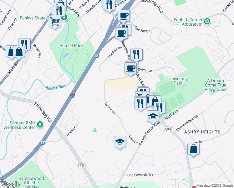 map of restaurants, bars, coffee shops, grocery stores, and more near 1566 Devon Lane in Harrisonburg