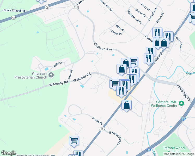 map of restaurants, bars, coffee shops, grocery stores, and more near 2519 Mosby Court in Harrisonburg