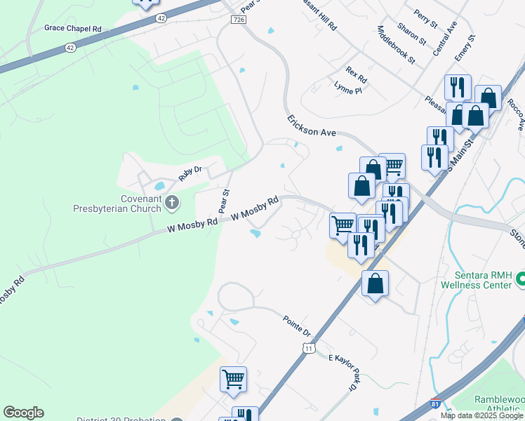 map of restaurants, bars, coffee shops, grocery stores, and more near 211 West Mosby Road in Harrisonburg