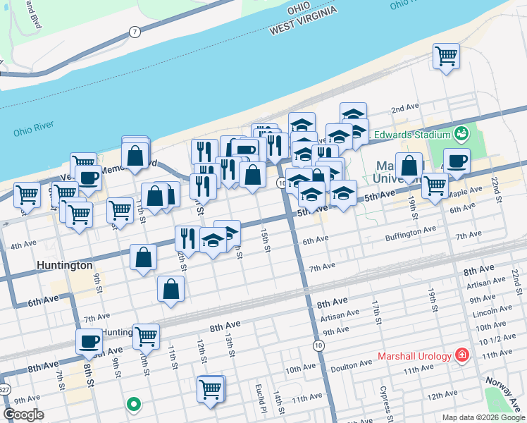 map of restaurants, bars, coffee shops, grocery stores, and more near 1515 5th Avenue in Huntington