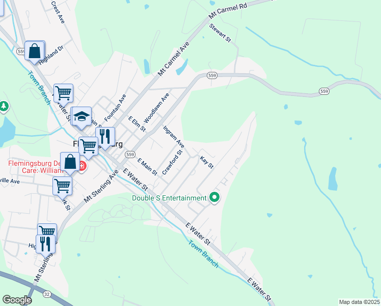 map of restaurants, bars, coffee shops, grocery stores, and more near 1105 Shady Brook Lane in Flemingsburg
