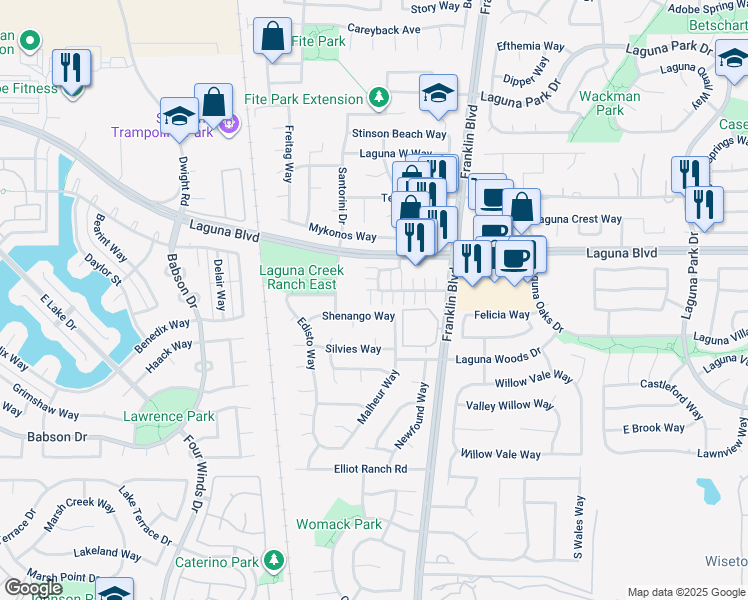 map of restaurants, bars, coffee shops, grocery stores, and more near 9330 Laguna Pointe Way in Elk Grove