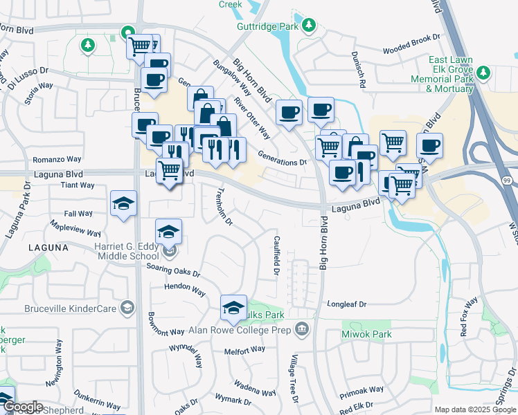 map of restaurants, bars, coffee shops, grocery stores, and more near 9252 Faraway Place in Elk Grove