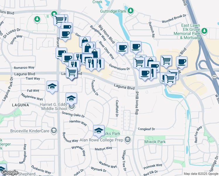 map of restaurants, bars, coffee shops, grocery stores, and more near 9252 Faraway Place in Elk Grove