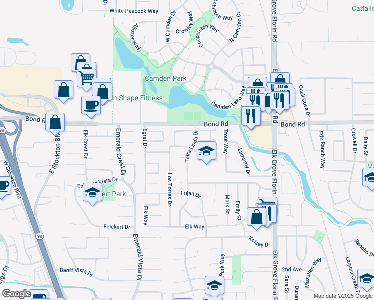 map of restaurants, bars, coffee shops, grocery stores, and more near 8748 El Toreador Way in Elk Grove
