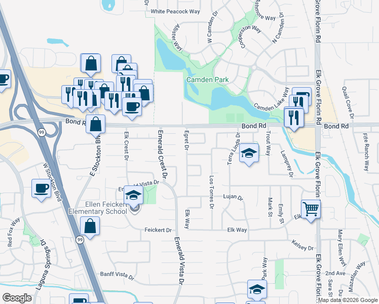 map of restaurants, bars, coffee shops, grocery stores, and more near 9260 Egret Drive in Elk Grove